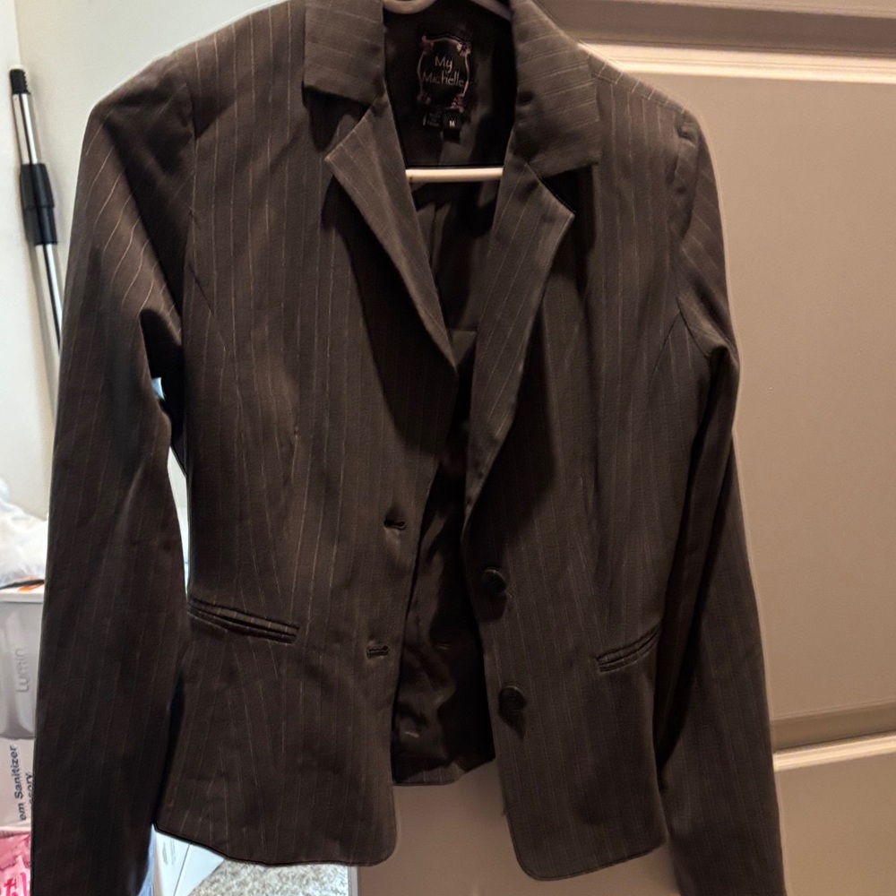 My Michelle Women's Dark Gray Pinstripe Blazer